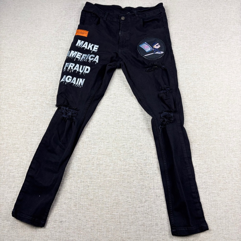 Fraudulent Fashion Mens 32 Distressed Graphic Jeans Make America Fraud Again